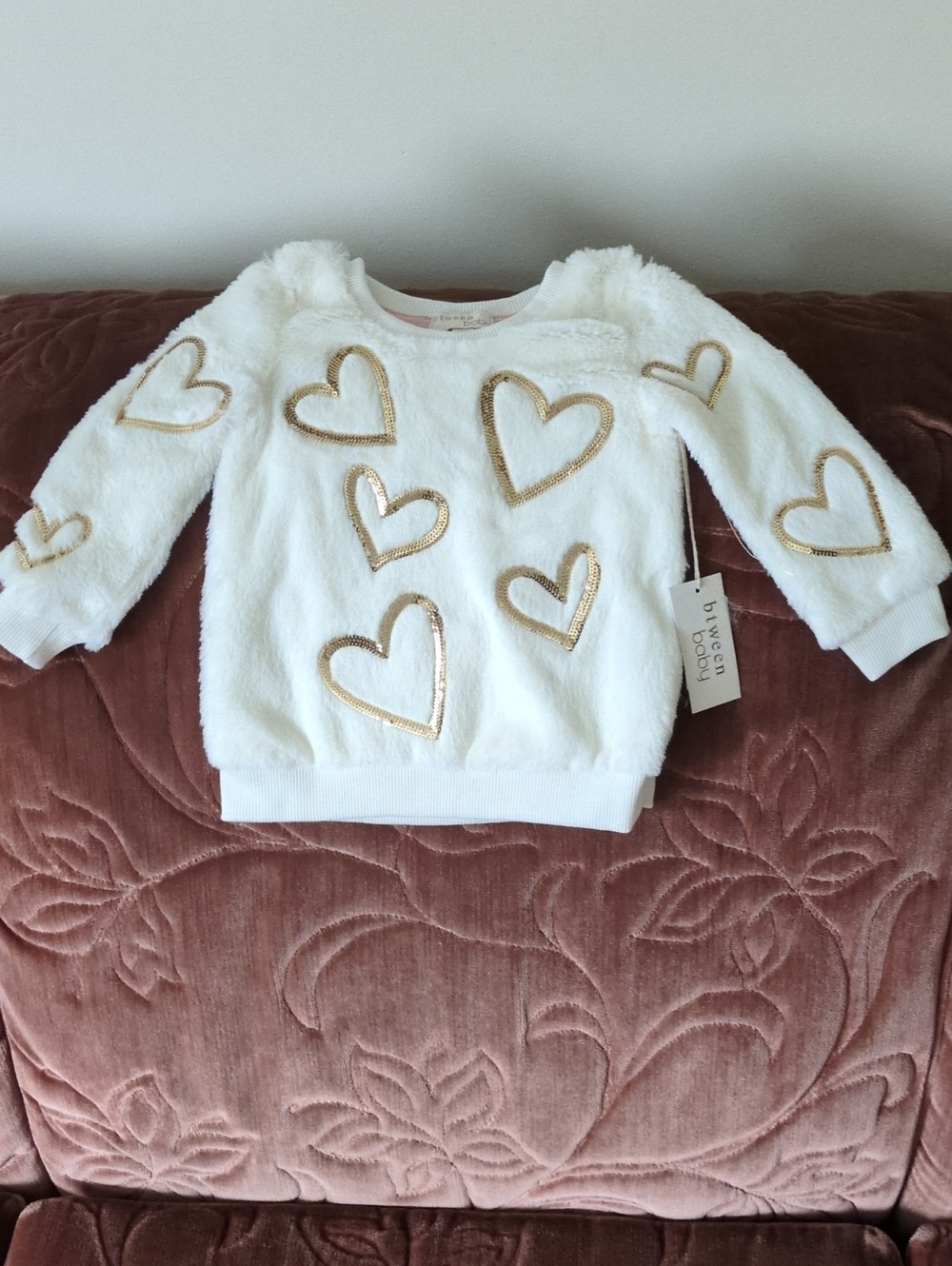 Kids White Plush Heart Pullover Sweatshirt with Gold Hearts